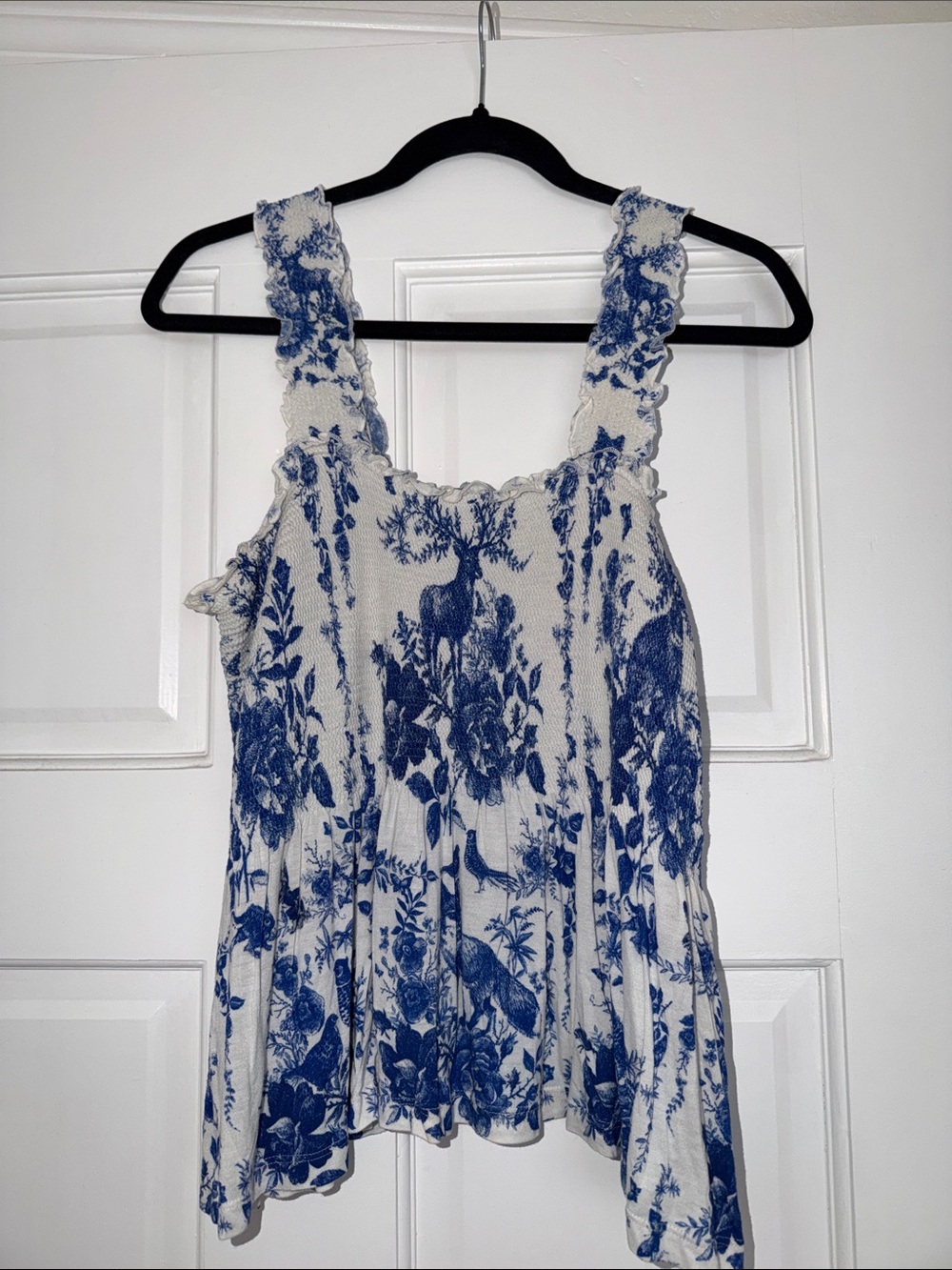 Blue and White Floral Sleeveless Peplum Top
